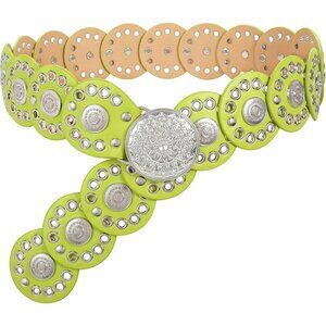Women Vintage Disc Waist Concho Leather Belt Boho Waist Belt Light Green Silver